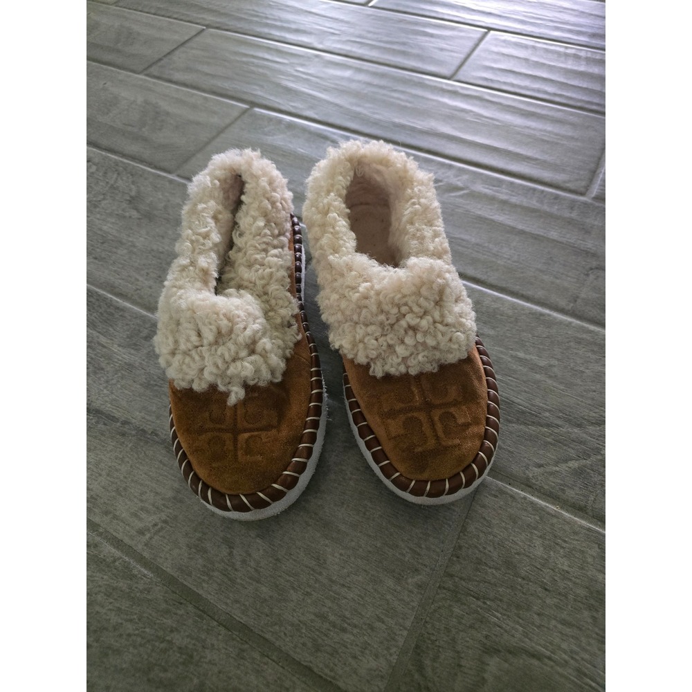 Tory Burch Tan Suede Shearling Lined Platform Slipper Loafers Womens 9M Logo